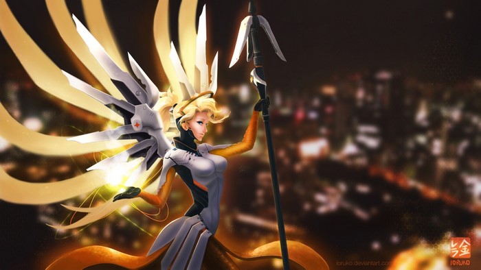 Mercy from Overwatch with wings and staff