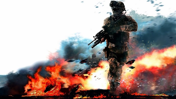 Soldier in a fiery battlefield from Call of Duty