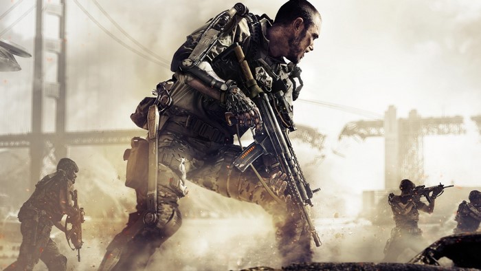 Soldiers in futuristic armor in a warzone