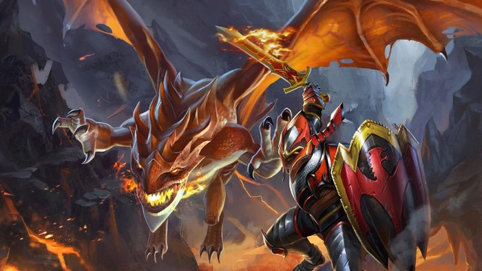 Dragon Knight fighting a dragon in a cave