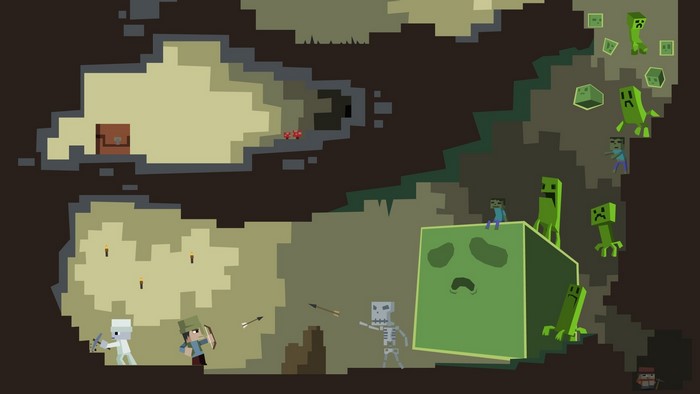 Minecraft cave with players, skeletons, creepers, and slimes