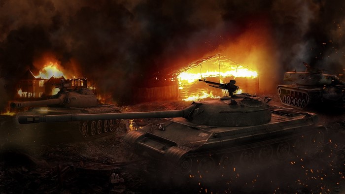Tanks in a burning village