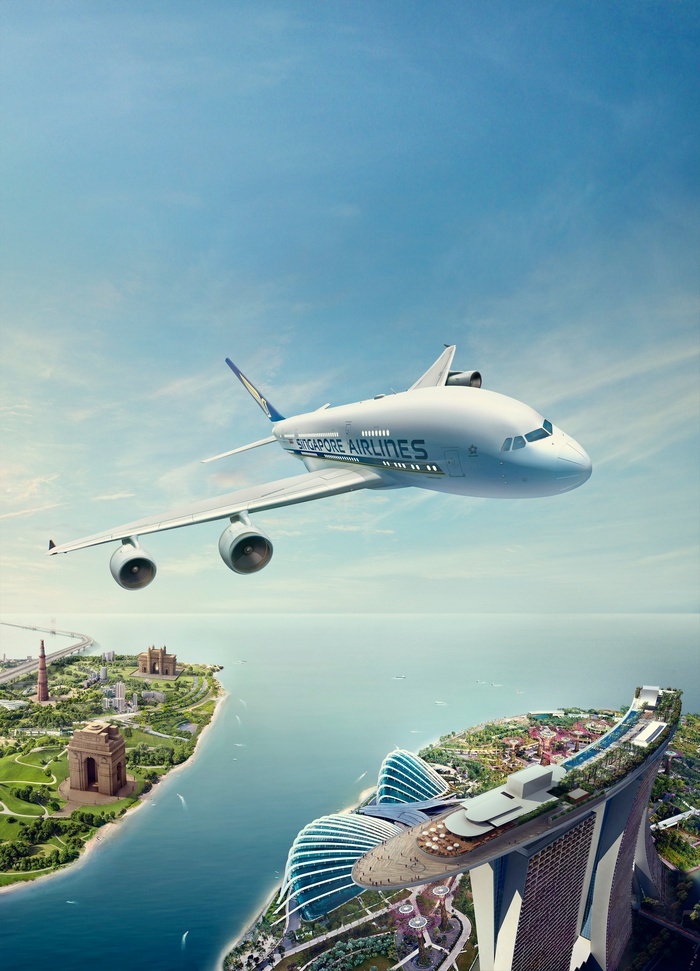 Singapore Airlines airplane flying over cities