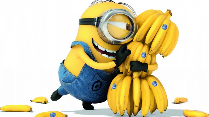 Minion from Despicable Me 2 hugging bananas