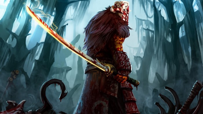 Juggernaut from Dota holding a bloody sword