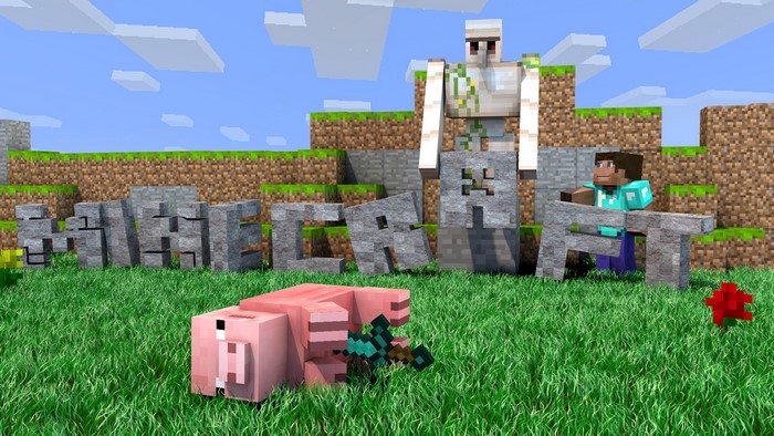 Minecraft characters and text in a grassy landscape