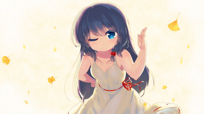 Anime girl in white dress with falling leaves