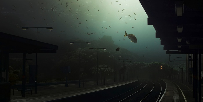 Underwater train station with fish