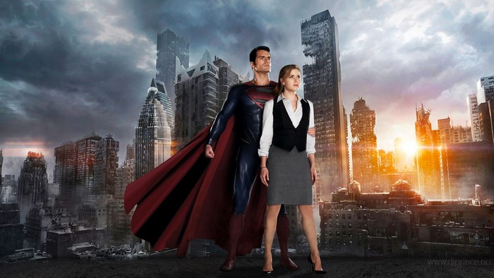 Superman and Lois Lane in a ruined city