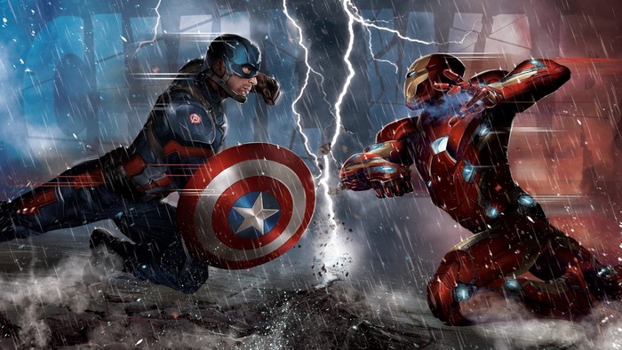 Captain America and Iron Man fighting in the rain
