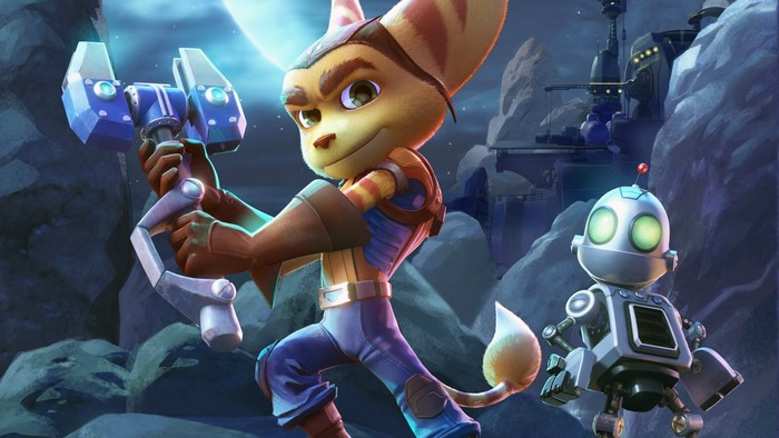 Ratchet and Clank with a weapon and robot