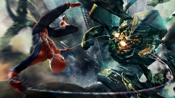 Spider-Man fighting a large robot