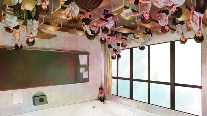 Anime students in a classroom with a sad girl