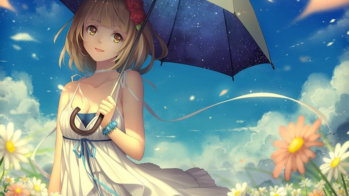 Anime girl with umbrella in a field of flowers