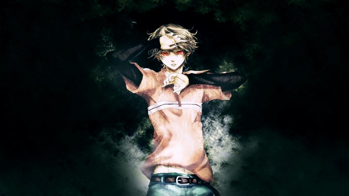 Anime boy with blonde hair and red eyes