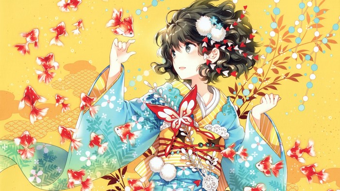 Anime girl in kimono with goldfish