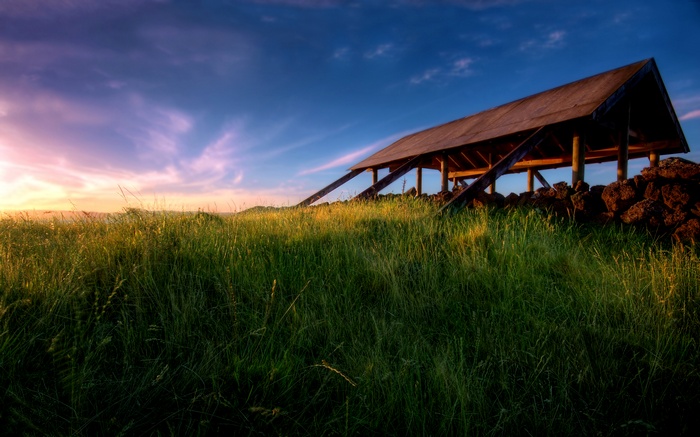 Shelter on a grassy hill at sunset