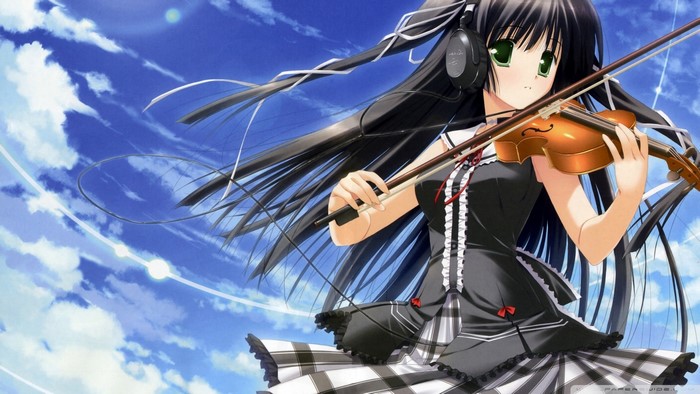 Anime Girl Playing Violin Under Blue Sky