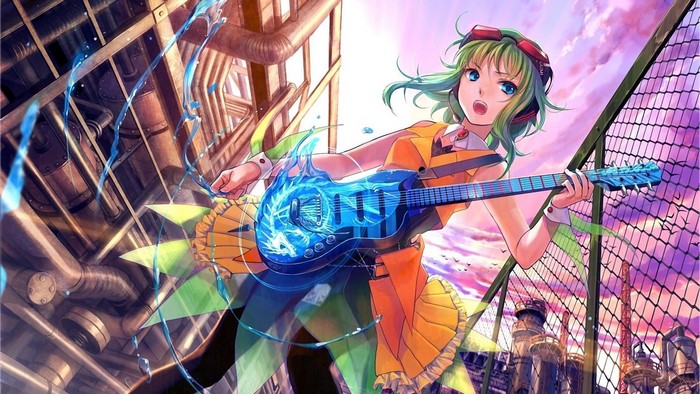 Anime girl with green hair playing a blue guitar