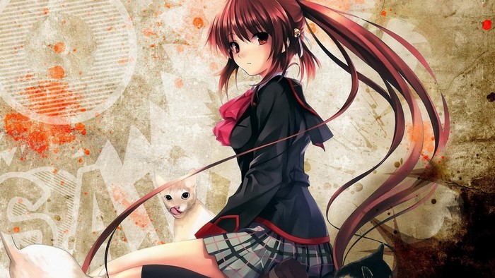 Anime Girl with Red Hair and Cats