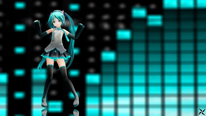 Hatsune Miku from Vocaloid with Teal and Black Background