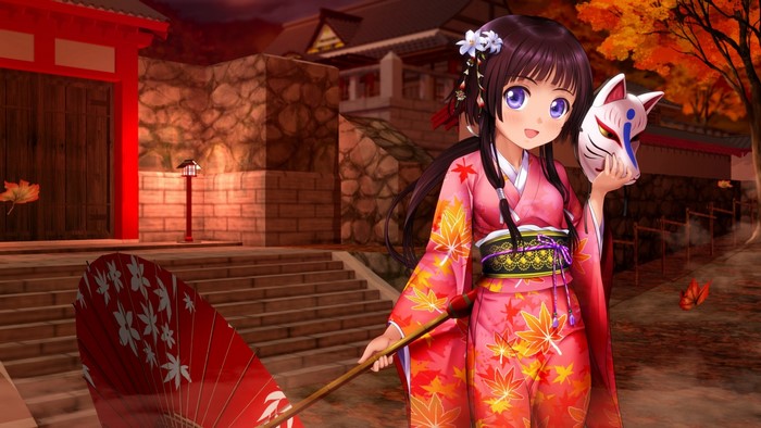 Anime Girl in Kimono Holding Fox Mask and Umbrella