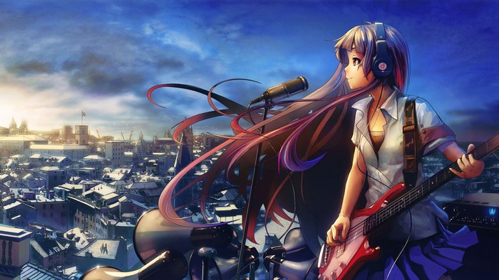 Anime girl with headphones playing guitar on rooftop