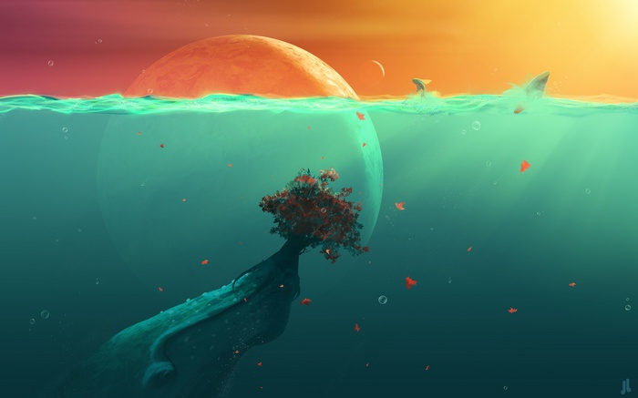 Underwater planet with a tree and sharks