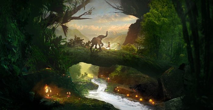 Elephant and child crossing a forest bridge over a stream