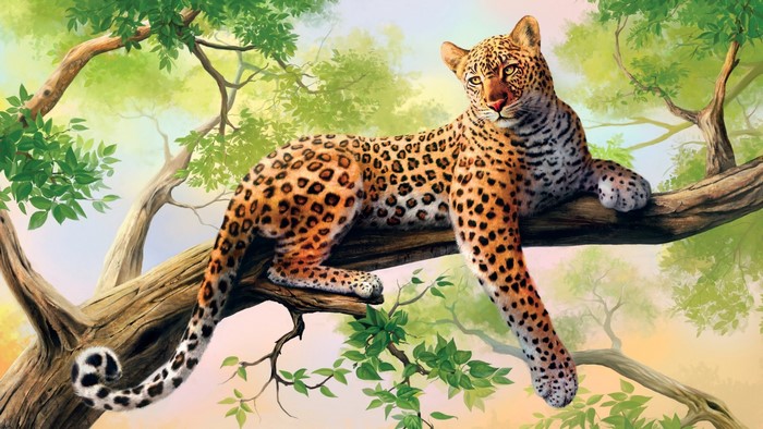 Leopard resting on a tree branch