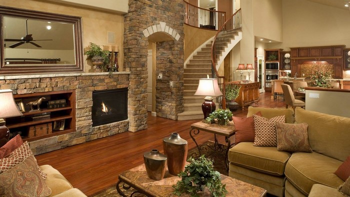 Living room with fireplace and kitchen