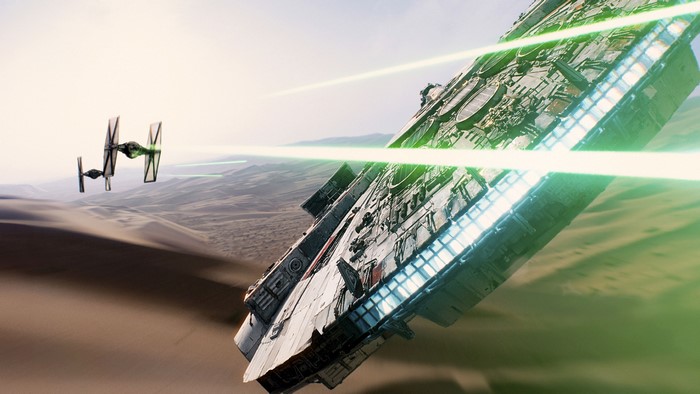 4K The Millennium Falcon in desert battle