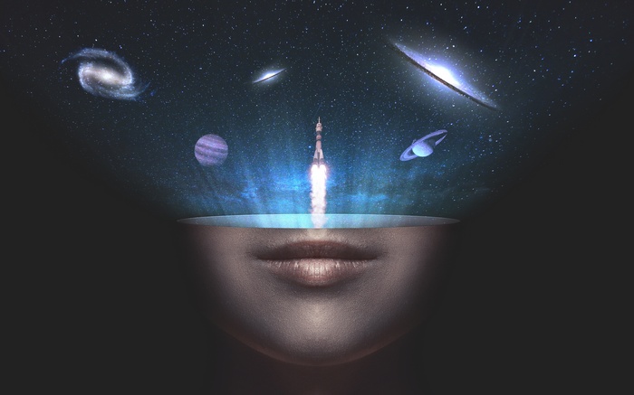 Rocket Launching from Woman's Mouth into Galaxy