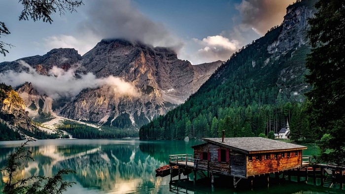 Lake Prags with Mountains and Cabin