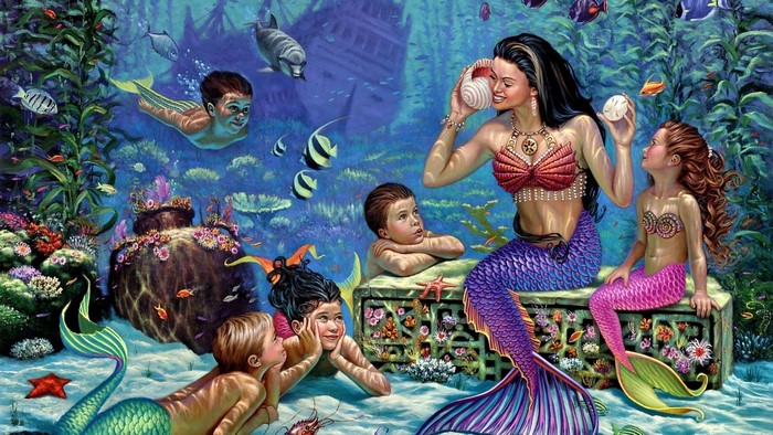Mermaid Mother and Children Underwater
