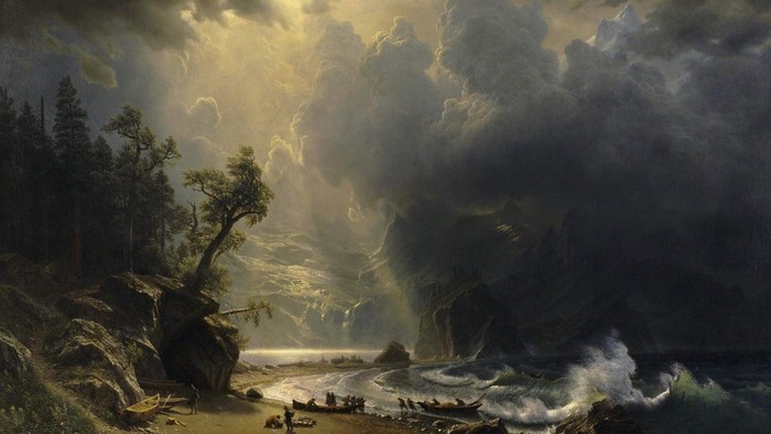 Stormy Sea with Canoes and Figures on Shore
