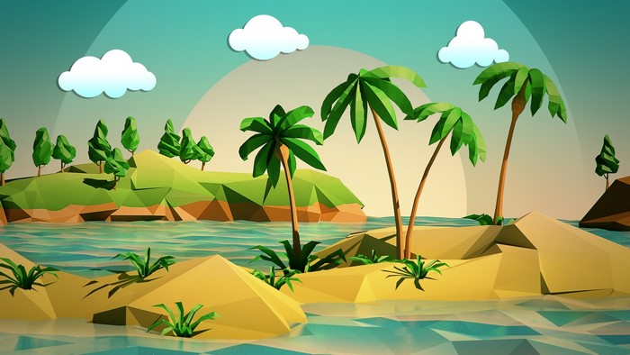 Low poly island with palm trees and ocean