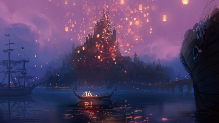 Rapunzel and Flynn Rider in a boat during the lantern festival from Tangled