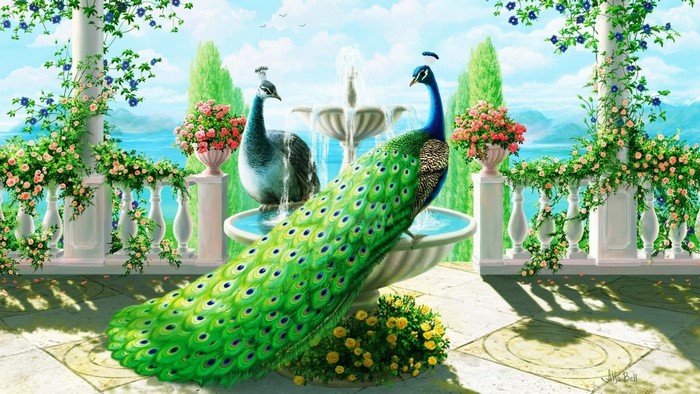 Two peacocks by a fountain on a balcony