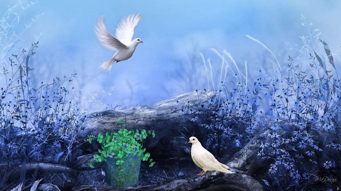 Two white doves in a blue floral landscape