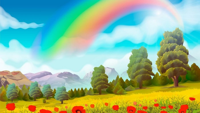 Rainbow over a field of poppies and mountains