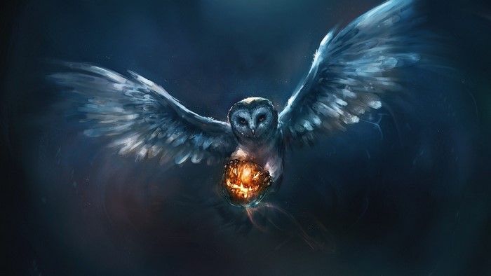 Barn owl flying with a glowing pumpkin