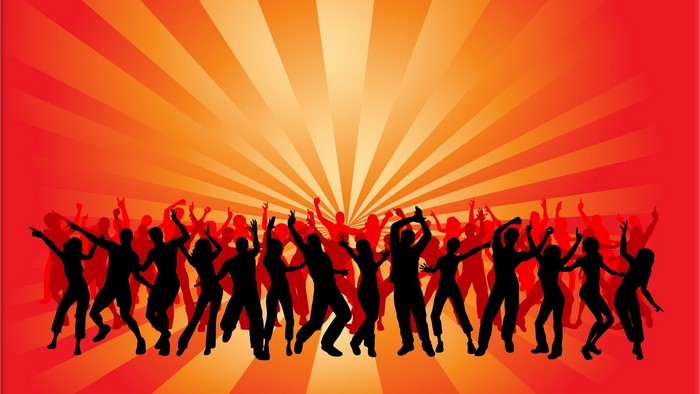 People dancing on a red and orange background
