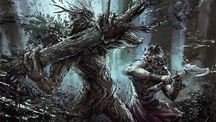 Tree monster fighting a werewolf with an axe