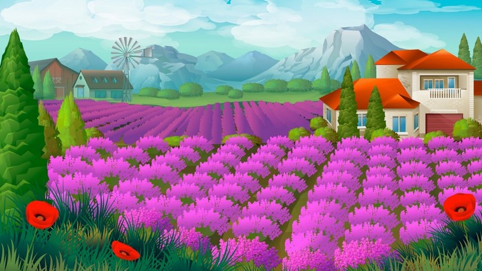 Lavender field with houses and mountains