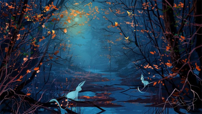 Two Eevees in a dark, misty forest at night