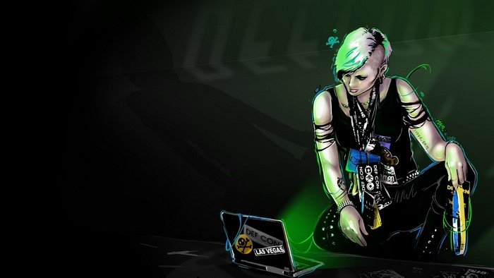 Female hacker with laptop at Def Con Las Vegas