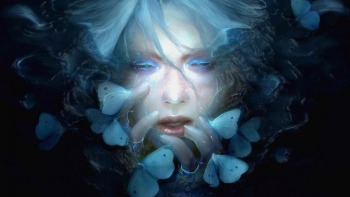 Girl with blue butterflies illustration