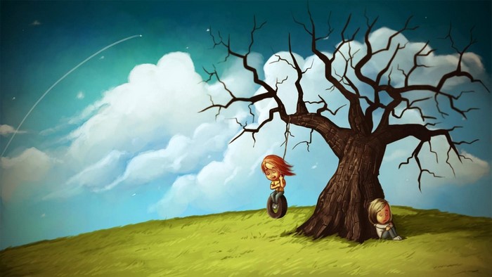 Two girls under a bare tree on a grassy hill