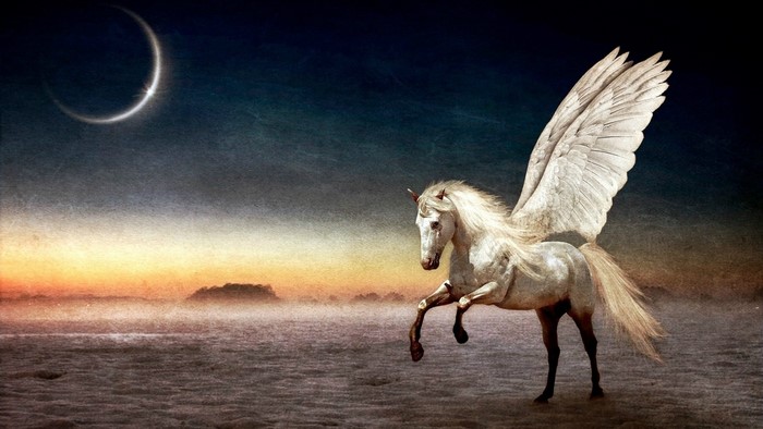 Pegasus with wings in a fantasy landscape